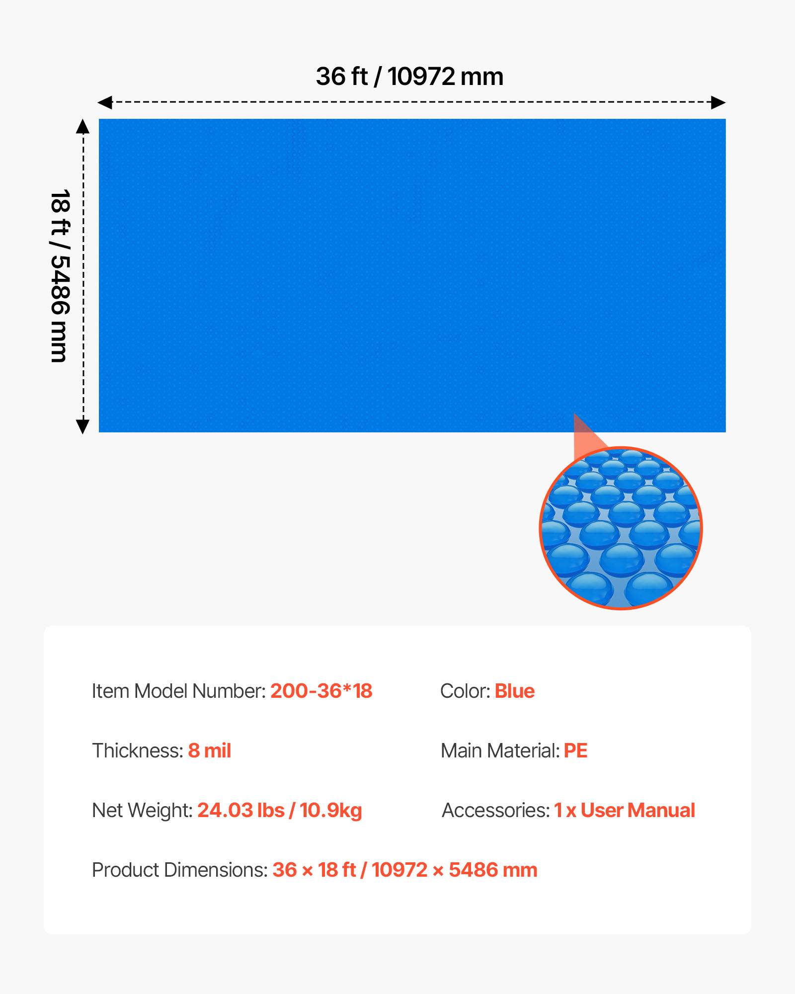 Vevor - VEVOR Bâche solaire piscine 11 x 5,5 m, 0,2 mm, bulles, polyéthylène, chauffe et retient la chaleur, bleu. - Image 6