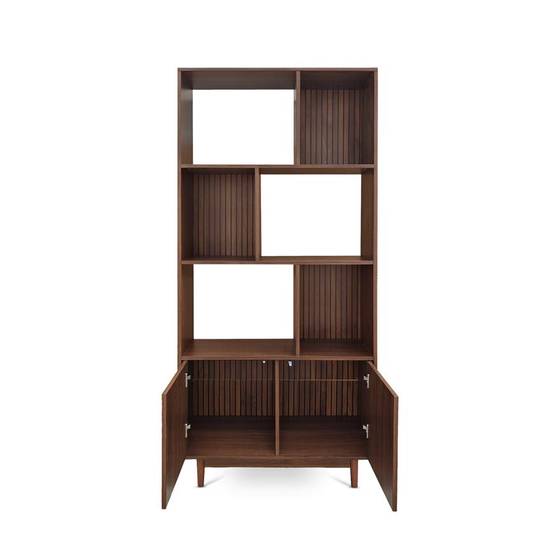 Sicaan Bibliothèque scandinave H.180cm, 2 portes et 6 niches finition noyer - LILA - Image 5