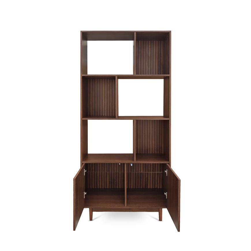 Sicaan Bibliothèque scandinave H.180cm, 2 portes et 6 niches finition noyer - LILA - Image 5
