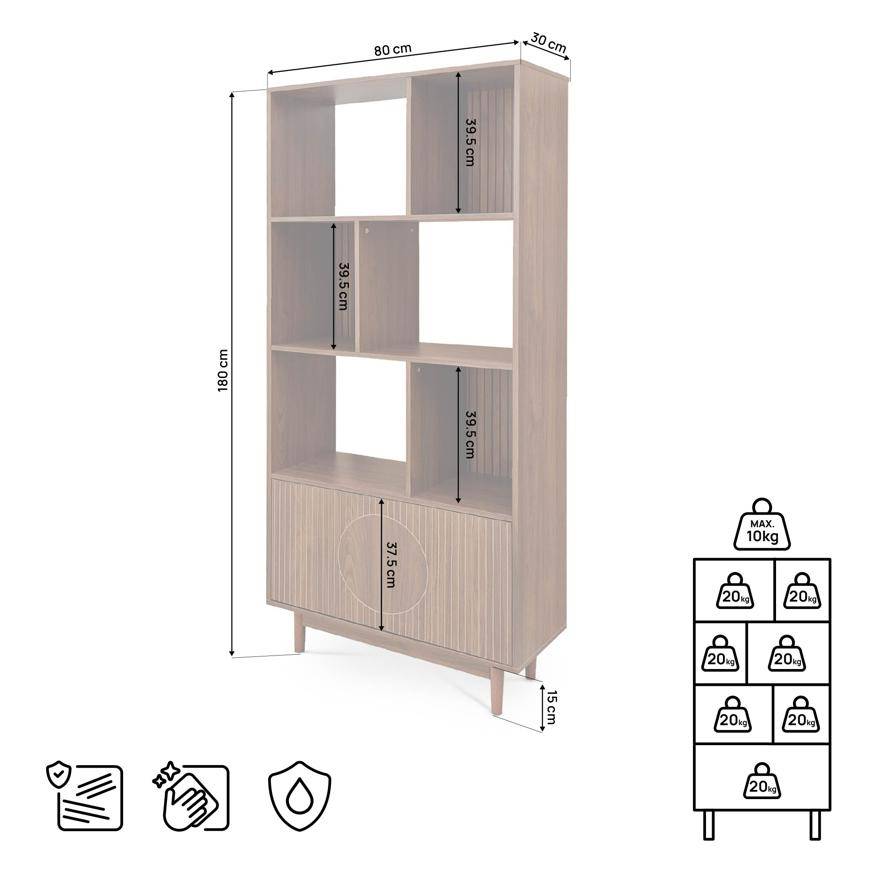 Sicaan Bibliothèque scandinave H.180cm, 2 portes et 6 niches finition noyer - LILA - Image 2