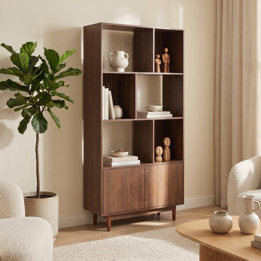 Sicaan Bibliothèque scandinave H.180cm, 2 portes et 6 niches finition noyer - LILA - Image 1