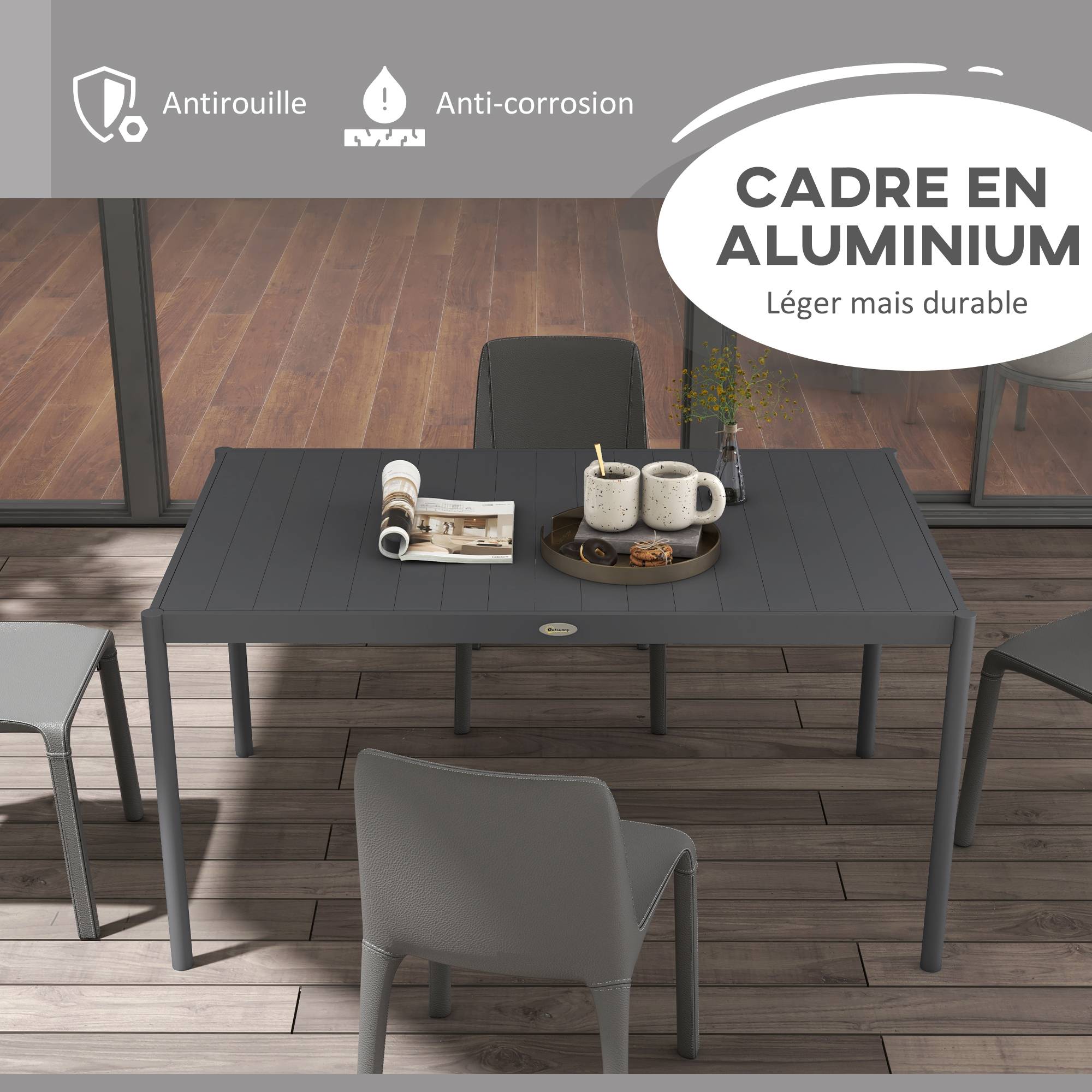 Table de jardin rectangulaire pour 6 personnes en aluminium plateau à lattes dim. 145L x 90l x 74H cm gris - Image 6