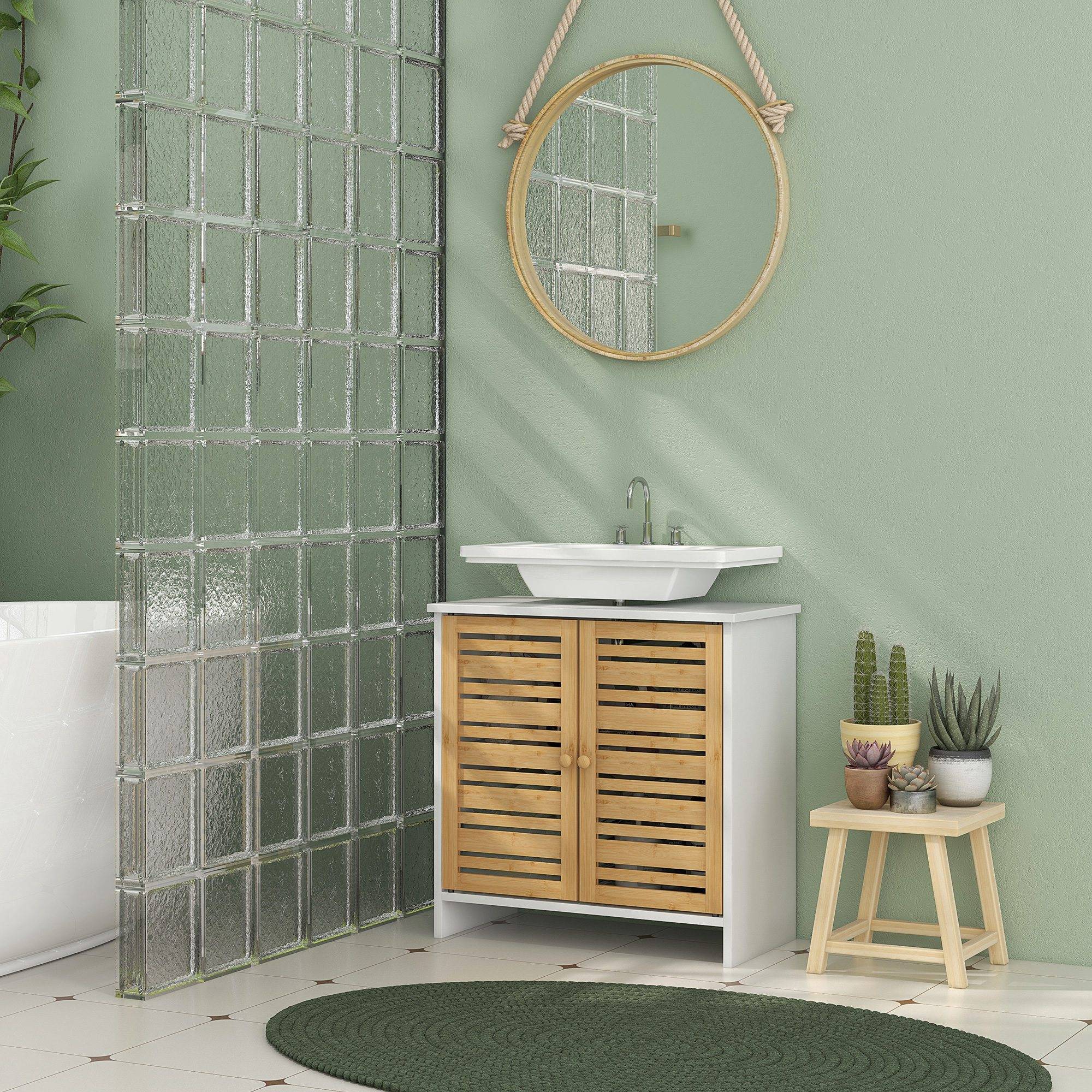 Sans Marque - Meuble sous-évier moderne portes magnétiques bambou étagère réglable 60x30x60 cm Blanc naturel - Image 4