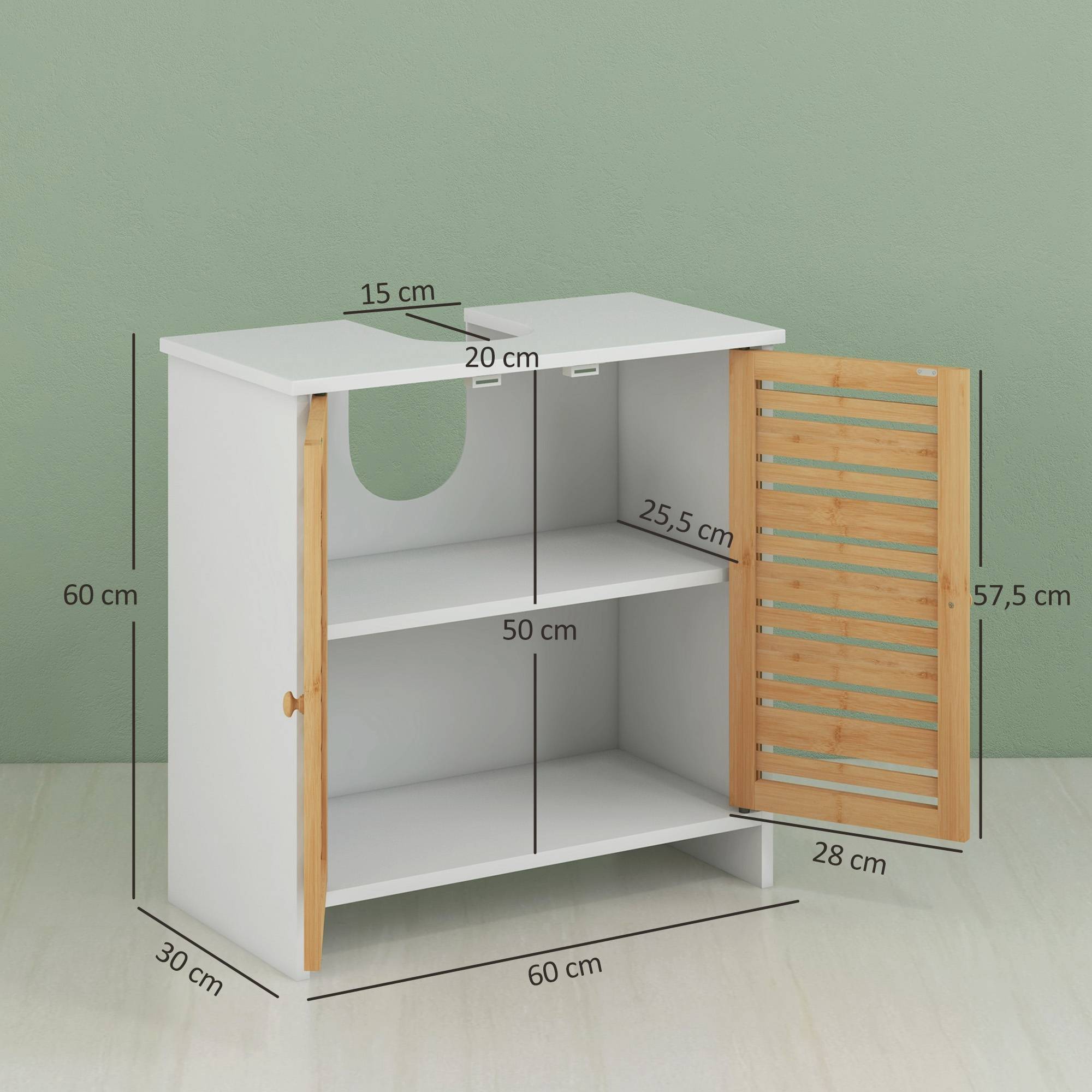 Sans Marque - Meuble sous-évier moderne portes magnétiques bambou étagère réglable 60x30x60 cm Blanc naturel - Image 5