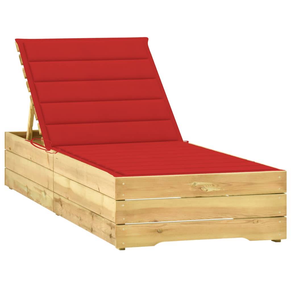 Helloshop26 - Transat chaise longue bain de soleil lit de jardin terrasse meuble d'extérieur avec coussin rouge bois de pin imprégné - Image 1