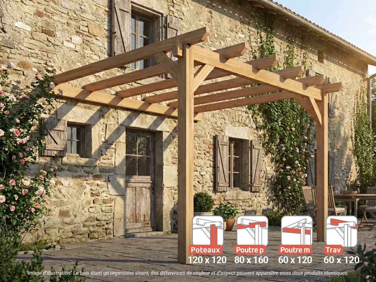 Pergola adossée en lamellé-collé Versailles 400 x 300 cm + 2 supports poteaux - Maderland - Image 2