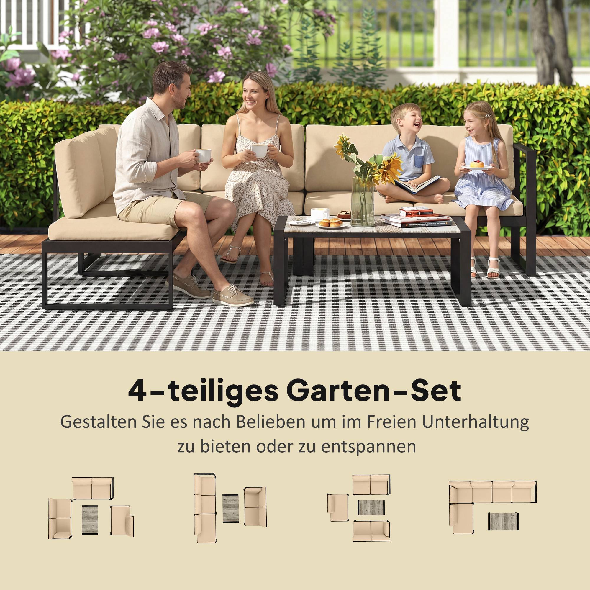 Ensemble de mobilier de jardin 4 pièces, 2 canapés 2 places, fauteuil sans accoudoirs et table basse, Kaki - Image 4
