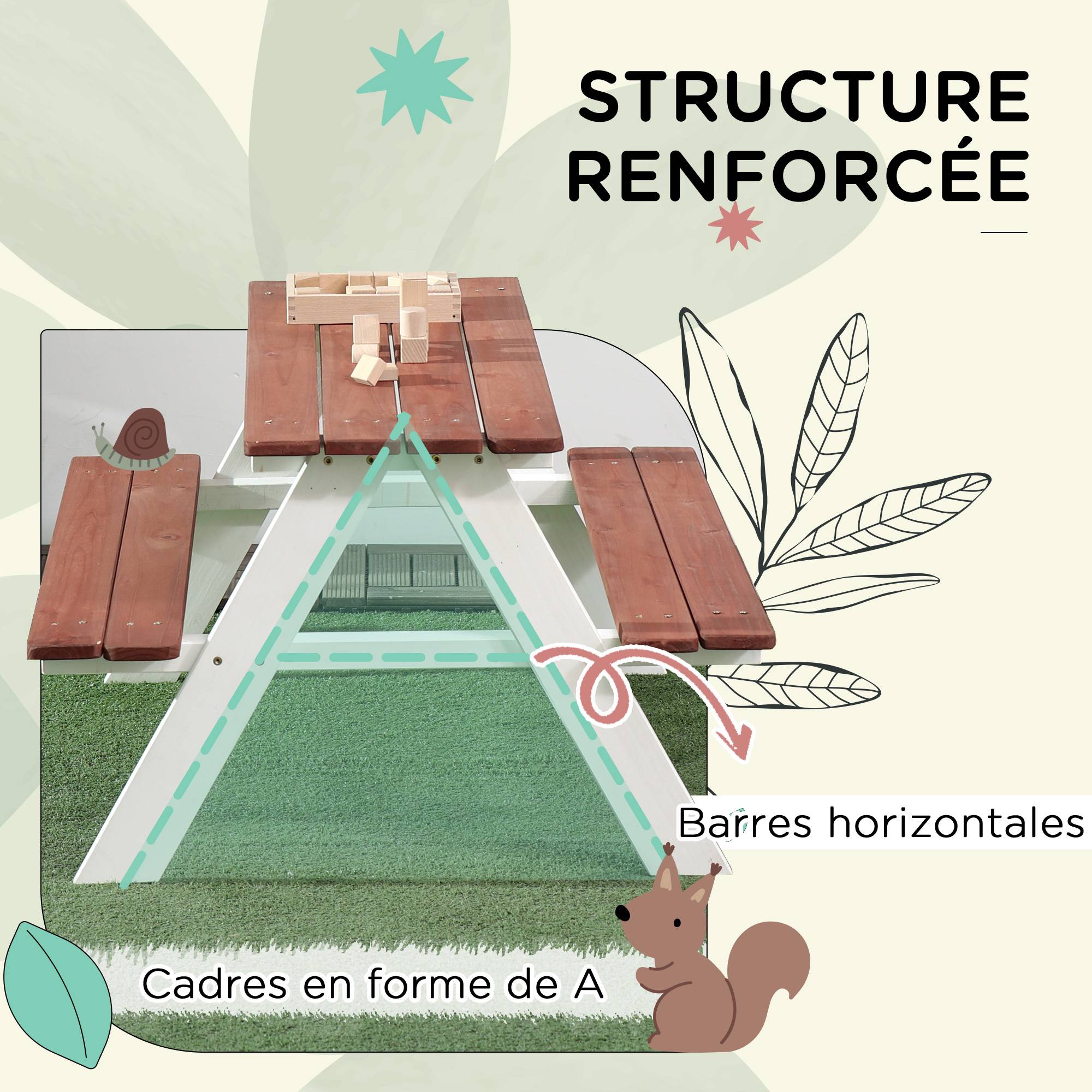Maison Chic - Table de pique-nique pour enfants avec bancs en bois massif table enfant pour le jardin 89x79x50 cm marron et blanc - Image 7