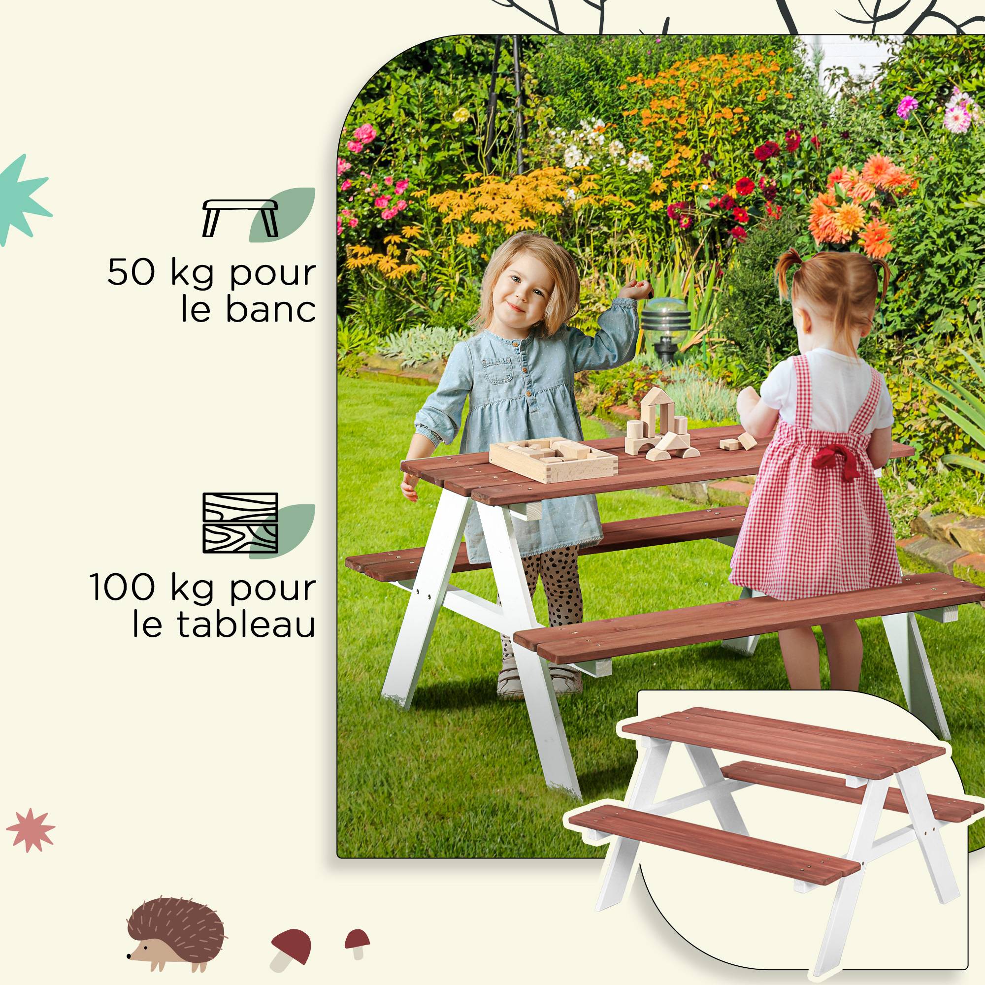Maison Chic - Table de pique-nique pour enfants avec bancs en bois massif table enfant pour le jardin 89x79x50 cm marron et blanc - Image 6
