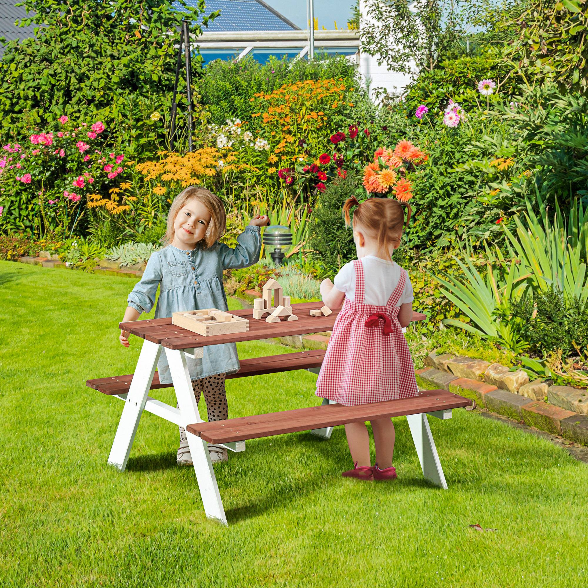 Maison Chic - Table de pique-nique pour enfants avec bancs en bois massif table enfant pour le jardin 89x79x50 cm marron et blanc - Image 4