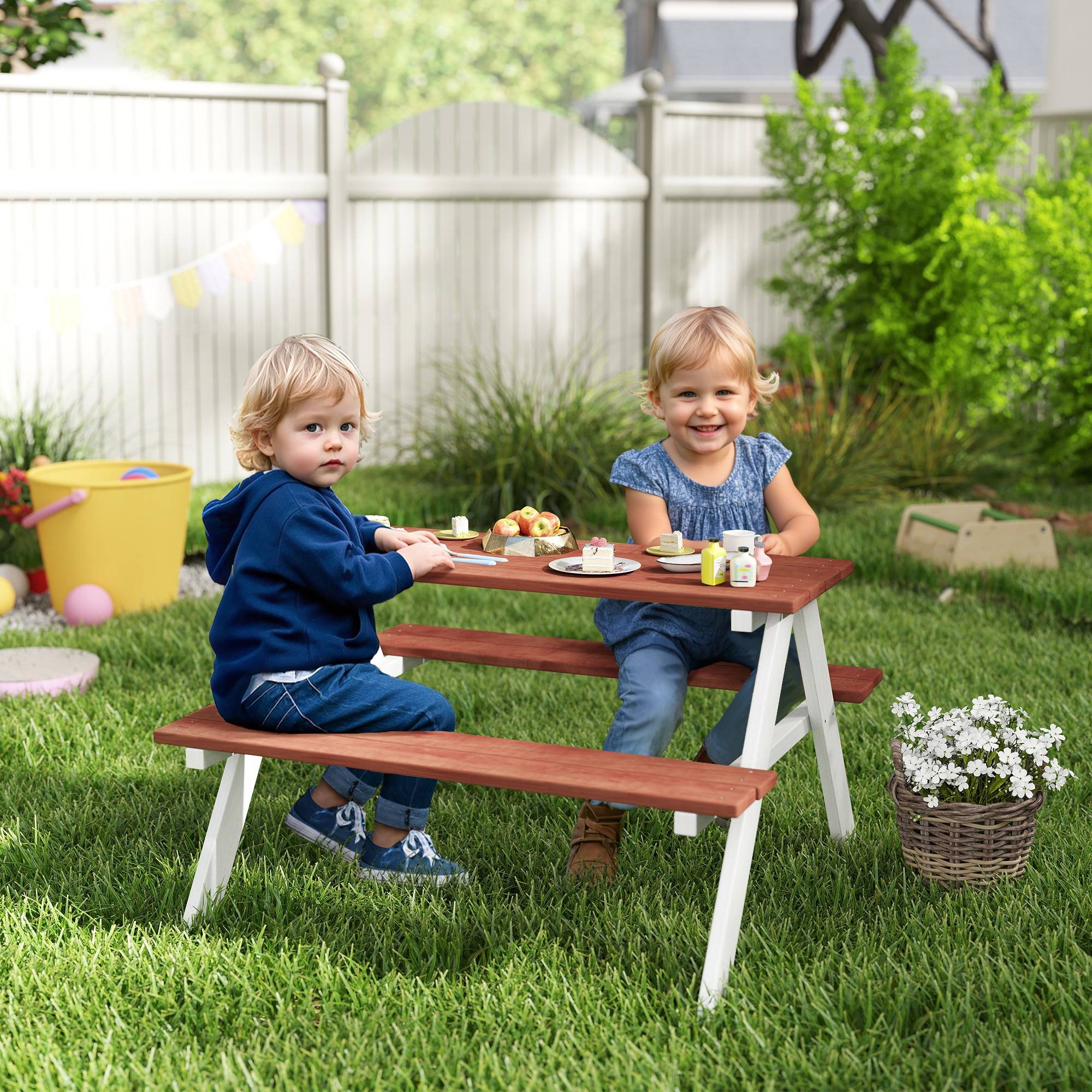 Maison Chic - Table de pique-nique pour enfants avec bancs en bois massif table enfant pour le jardin 89x79x50 cm marron et blanc - Image 2
