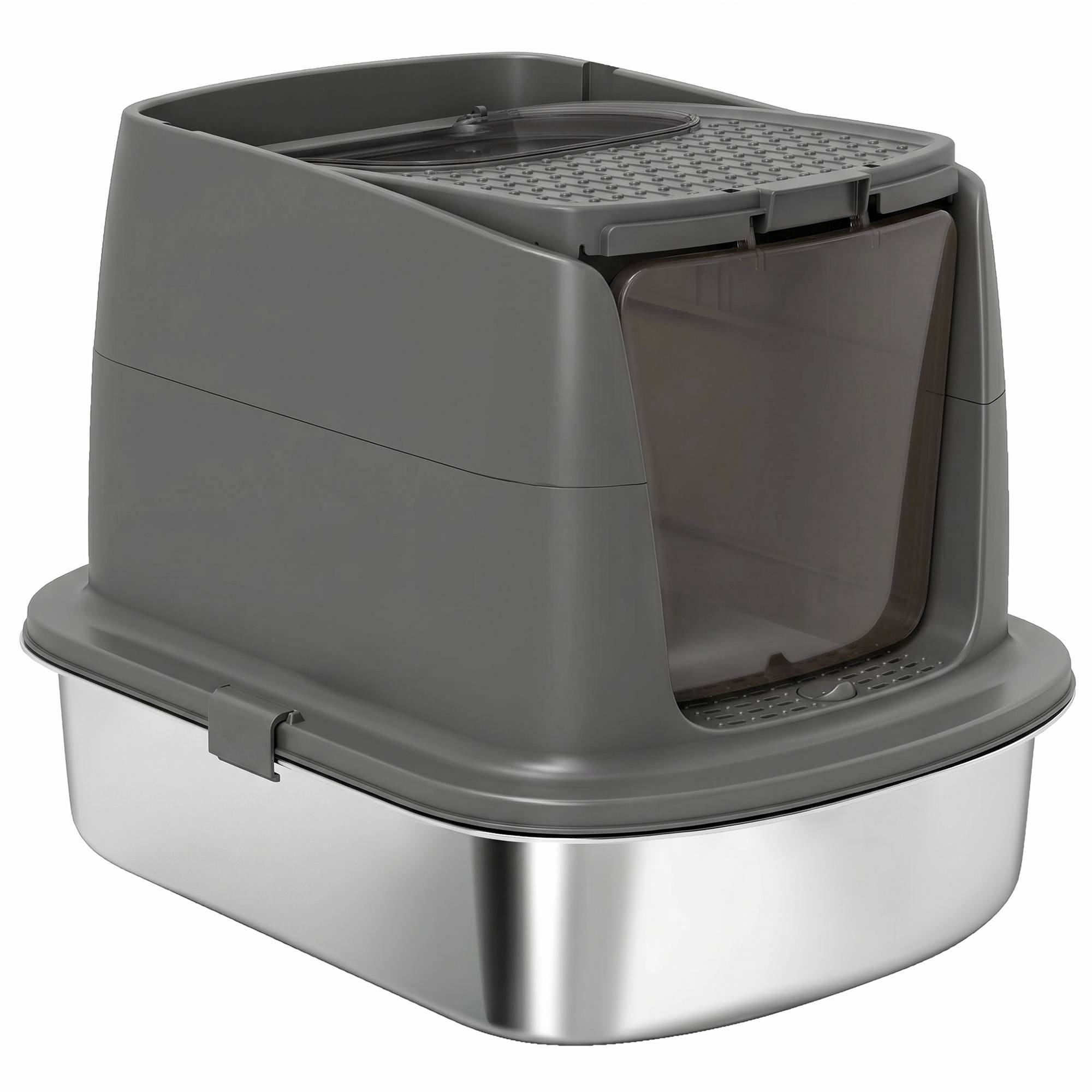Grand bac à litière pour chat en acier inoxydable, avec bac fermé, pelle en métal et sac désodorisant, gris foncé - Image 2