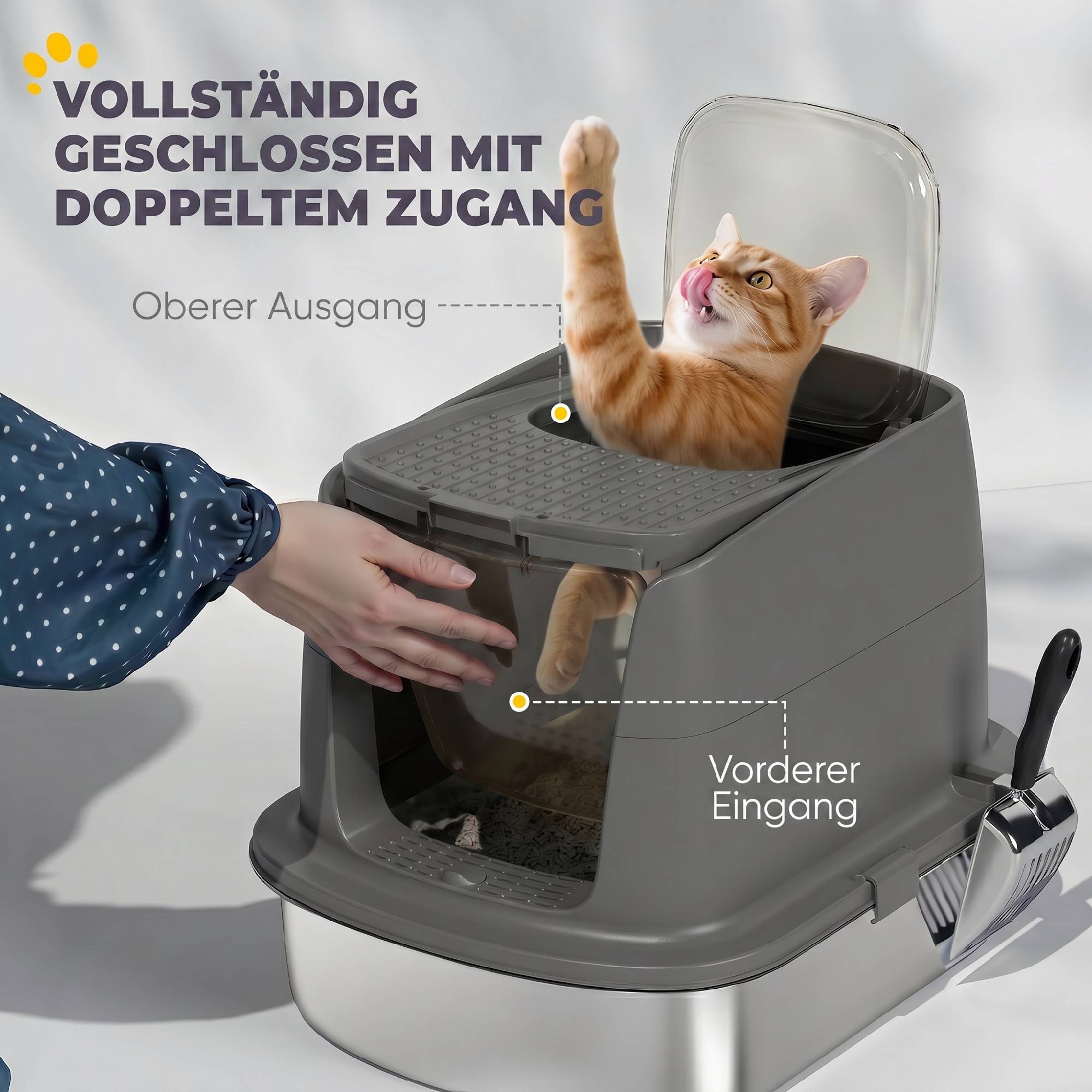 Grand bac à litière pour chat en acier inoxydable, avec bac fermé, pelle en métal et sac désodorisant, gris foncé - Image 7