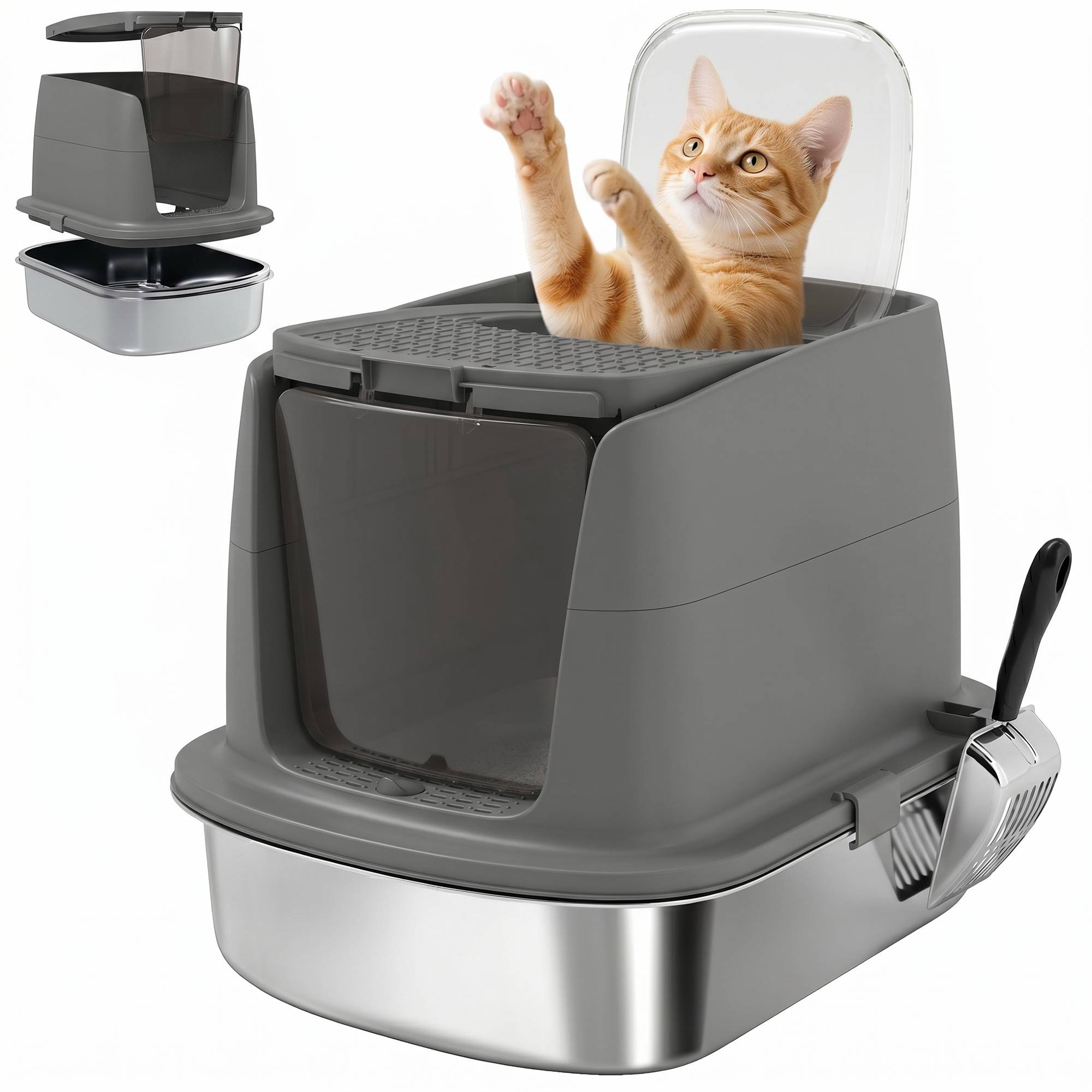 Grand bac à litière pour chat en acier inoxydable, avec bac fermé, pelle en métal et sac désodorisant, gris foncé - Image 1