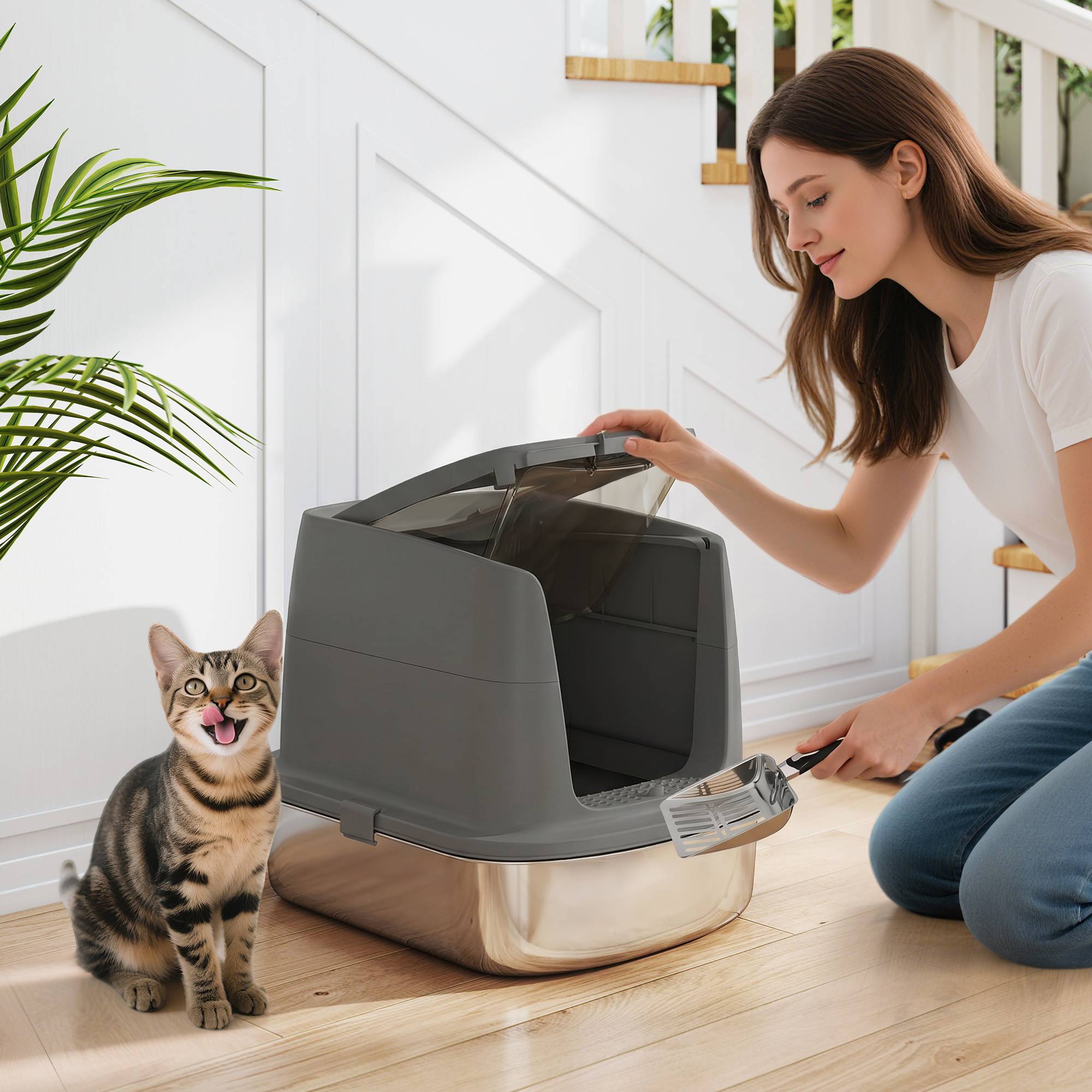 Grand bac à litière pour chat en acier inoxydable, avec bac fermé, pelle en métal et sac désodorisant, gris foncé - Image 3