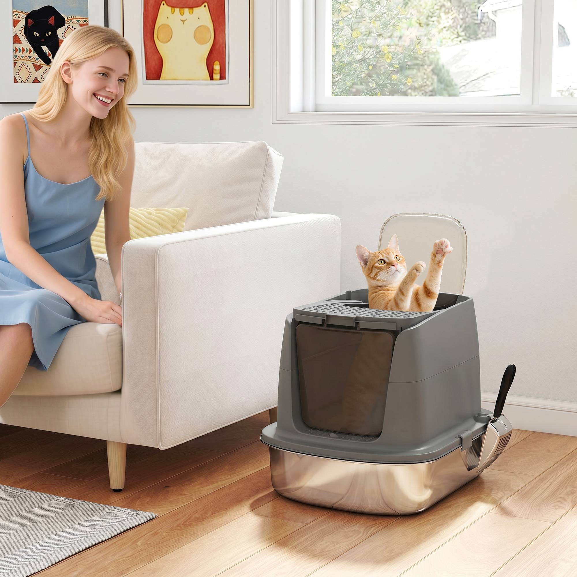 Grand bac à litière pour chat en acier inoxydable, avec bac fermé, pelle en métal et sac désodorisant, gris foncé - Image 4