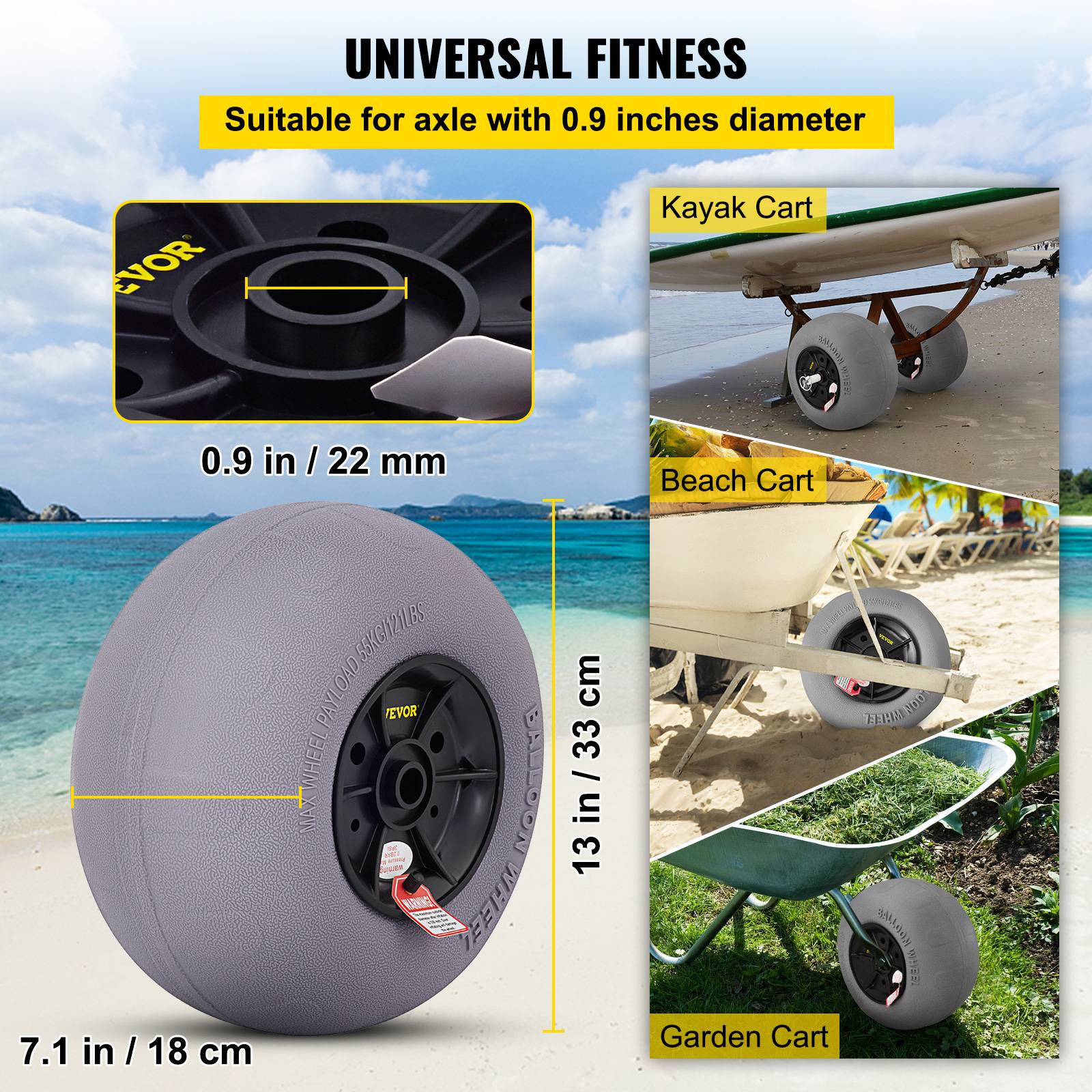 Vevor - VEVOR Roues plage 2x33 cm, pneus ballon, charge 55 kg. Basse pression, pour terrain sablonneux. - Image 3