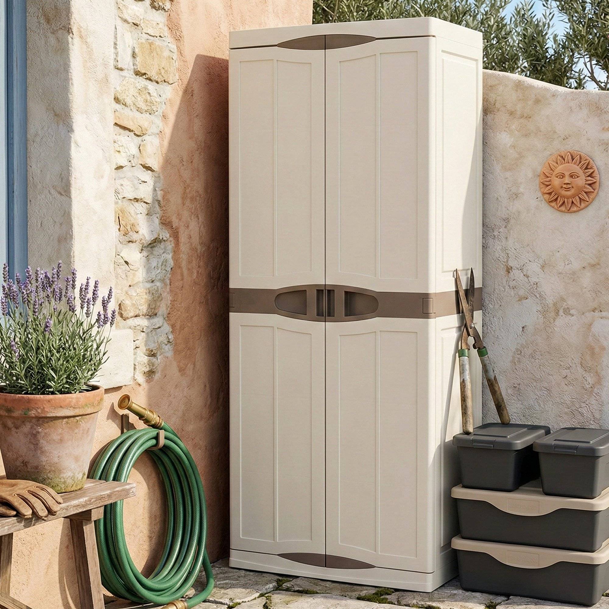 Dmora - Armoire d'extérieur Daldegan, Armoire de balcon polyvalente, Armoire à balais 2 portes, 70x47h178 cm, Beige et Marron, Finition élégante - Dmora - Image 2