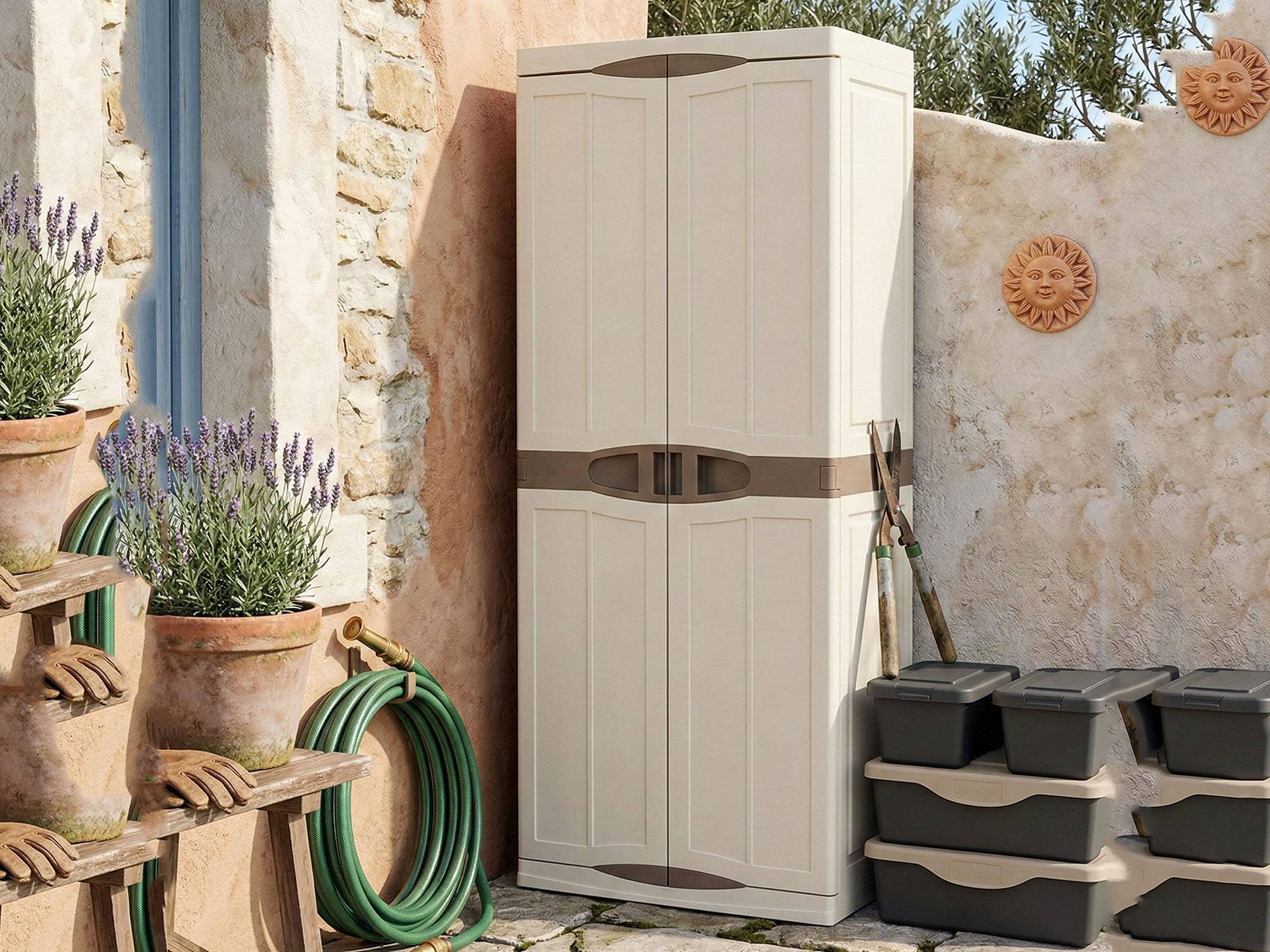 Dmora - Armoire d'extérieur Daldegan, Armoire de balcon polyvalente, Armoire à balais 2 portes, 70x47h178 cm, Beige et Marron, Finition élégante - Dmora - Image 5