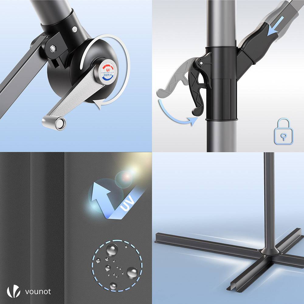 Vounot - Parasol déporté inclinable 3M avec housse de protection Gris - Inclinaison réglable - Rotatif 360° - Manivelle anti-retour - VOUNOT® - Image 7