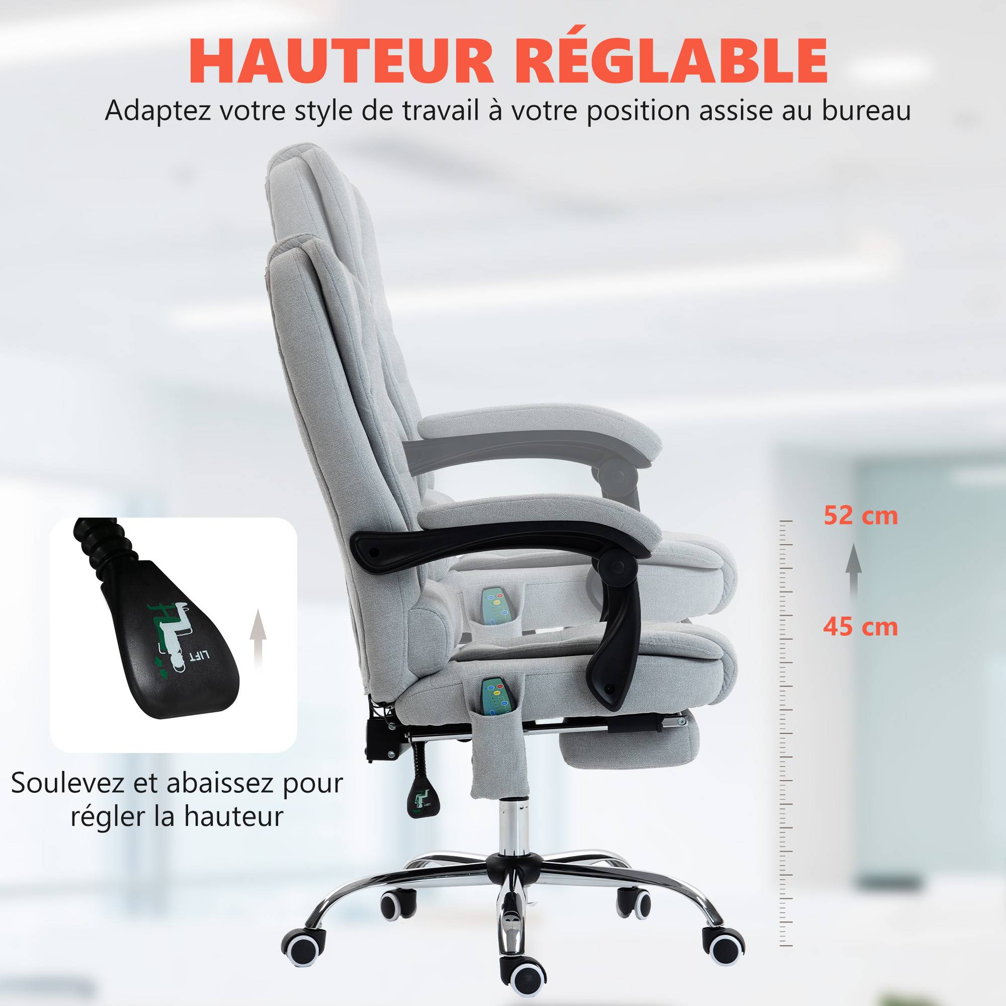 Sans Marque - Fauteuil de bureau massant et chauffant, chaise de bureau, hauteur réglable, dossier inclinable, 65x70x111-119cm, gris - Image 8