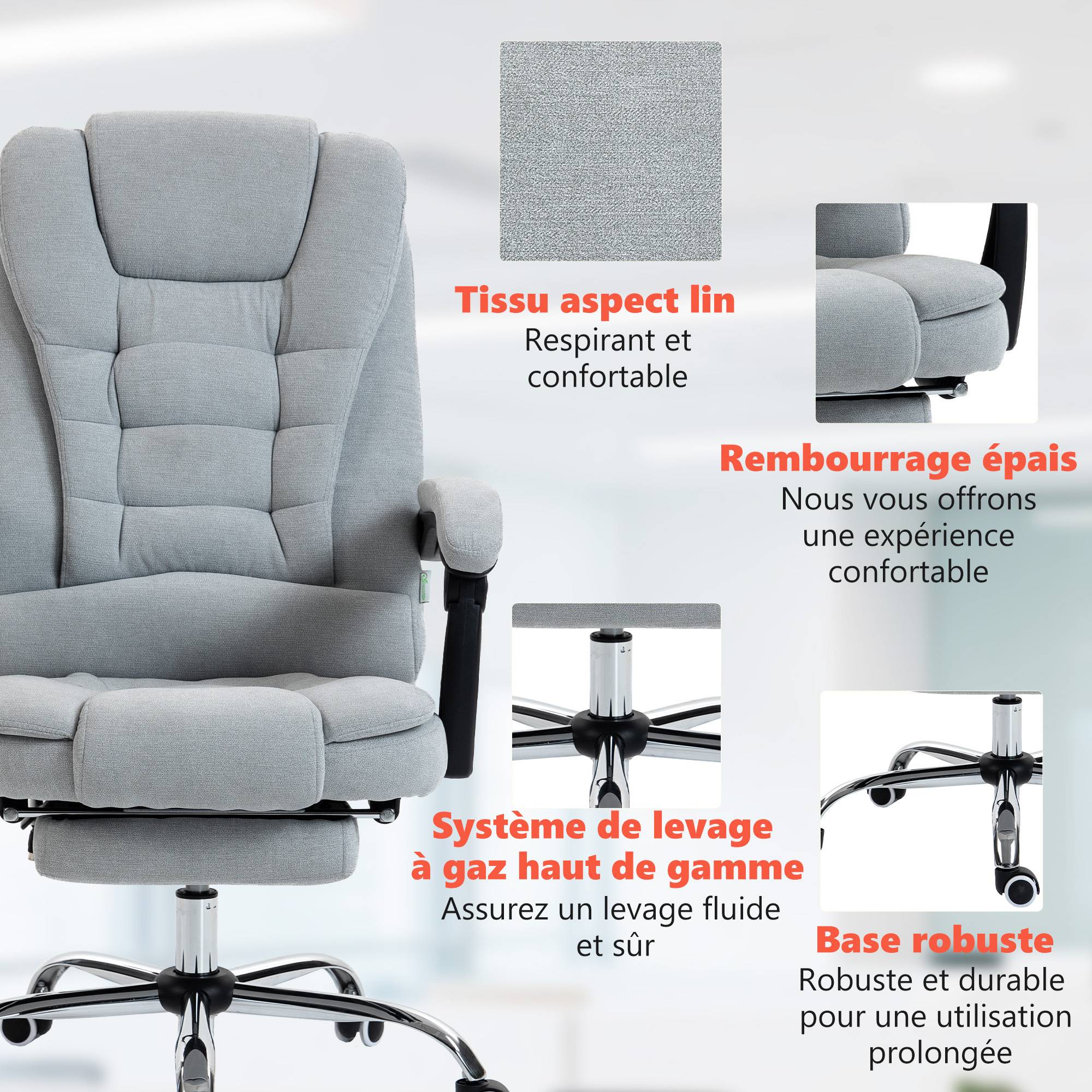 Sans Marque - Fauteuil de bureau massant et chauffant, chaise de bureau, hauteur réglable, dossier inclinable, 65x70x111-119cm, gris - Image 10