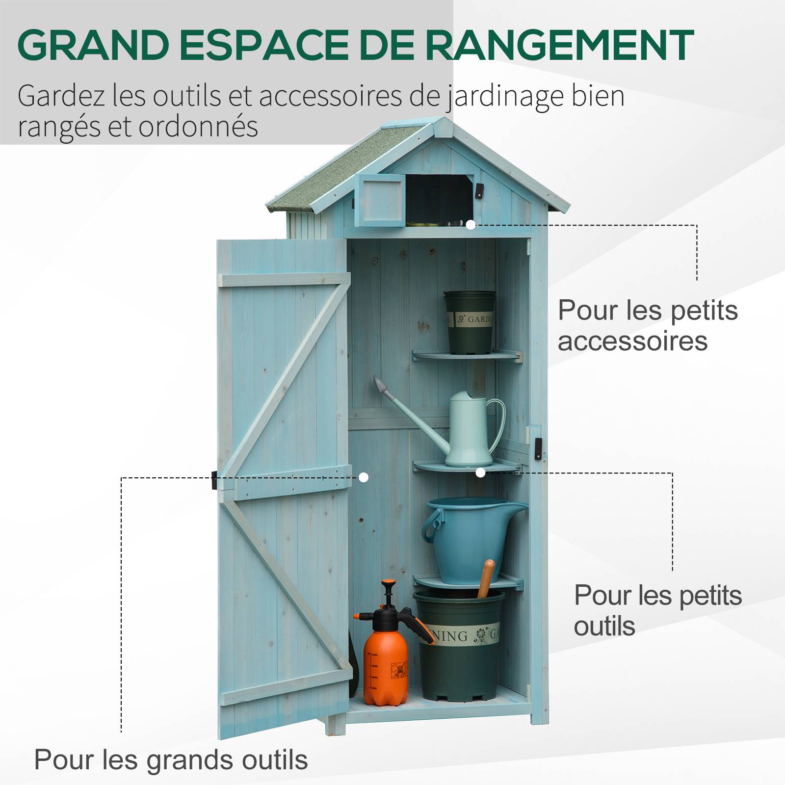 Armoire de jardin extérieur abri de jardin en bois abri pour outils 3 étagères 2 Portes loquets Toit Pente bitumé 77L x 54l x 179H cm Sapin traité - Image 6