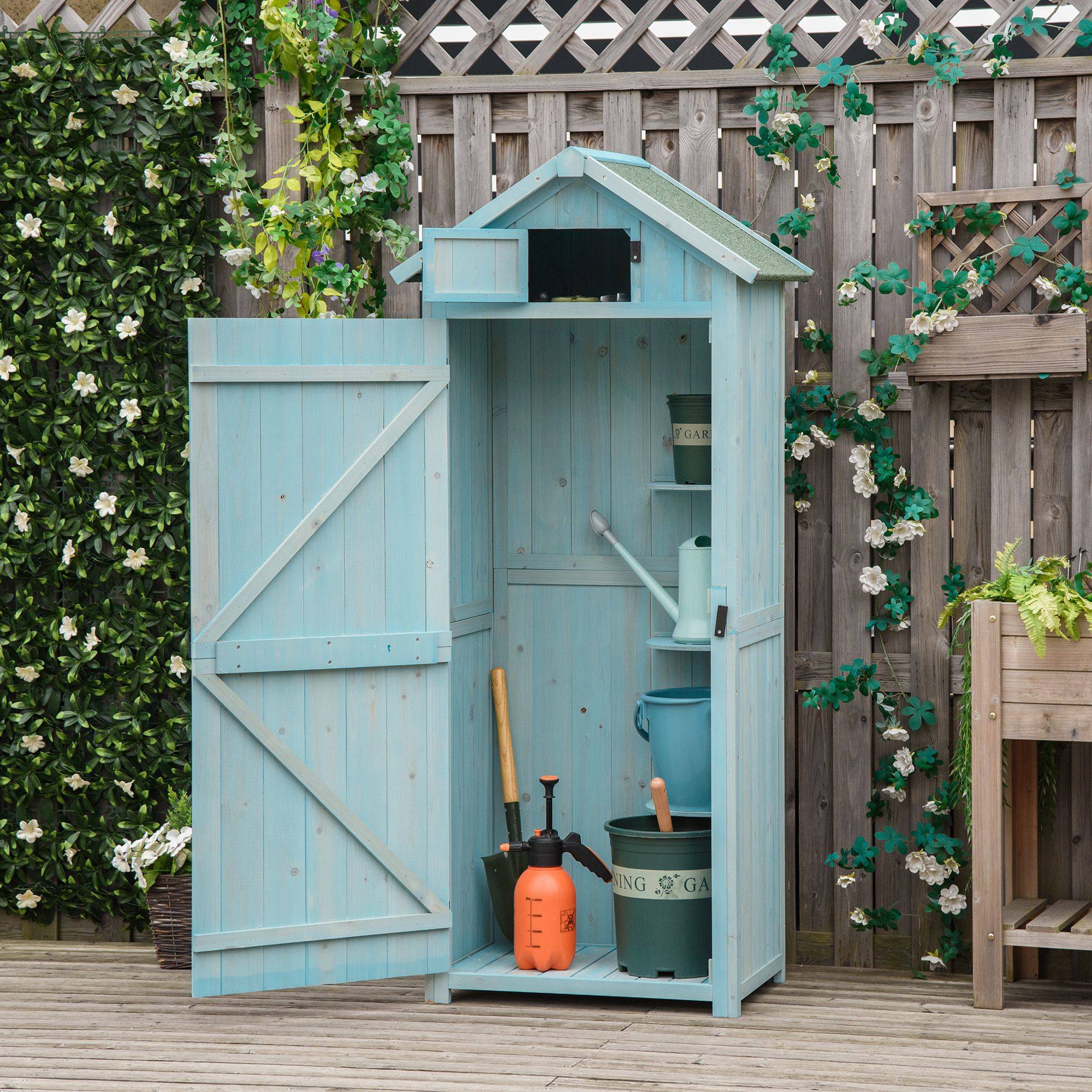 Armoire de jardin extérieur abri de jardin en bois abri pour outils 3 étagères 2 Portes loquets Toit Pente bitumé 77L x 54l x 179H cm Sapin traité - Image 9