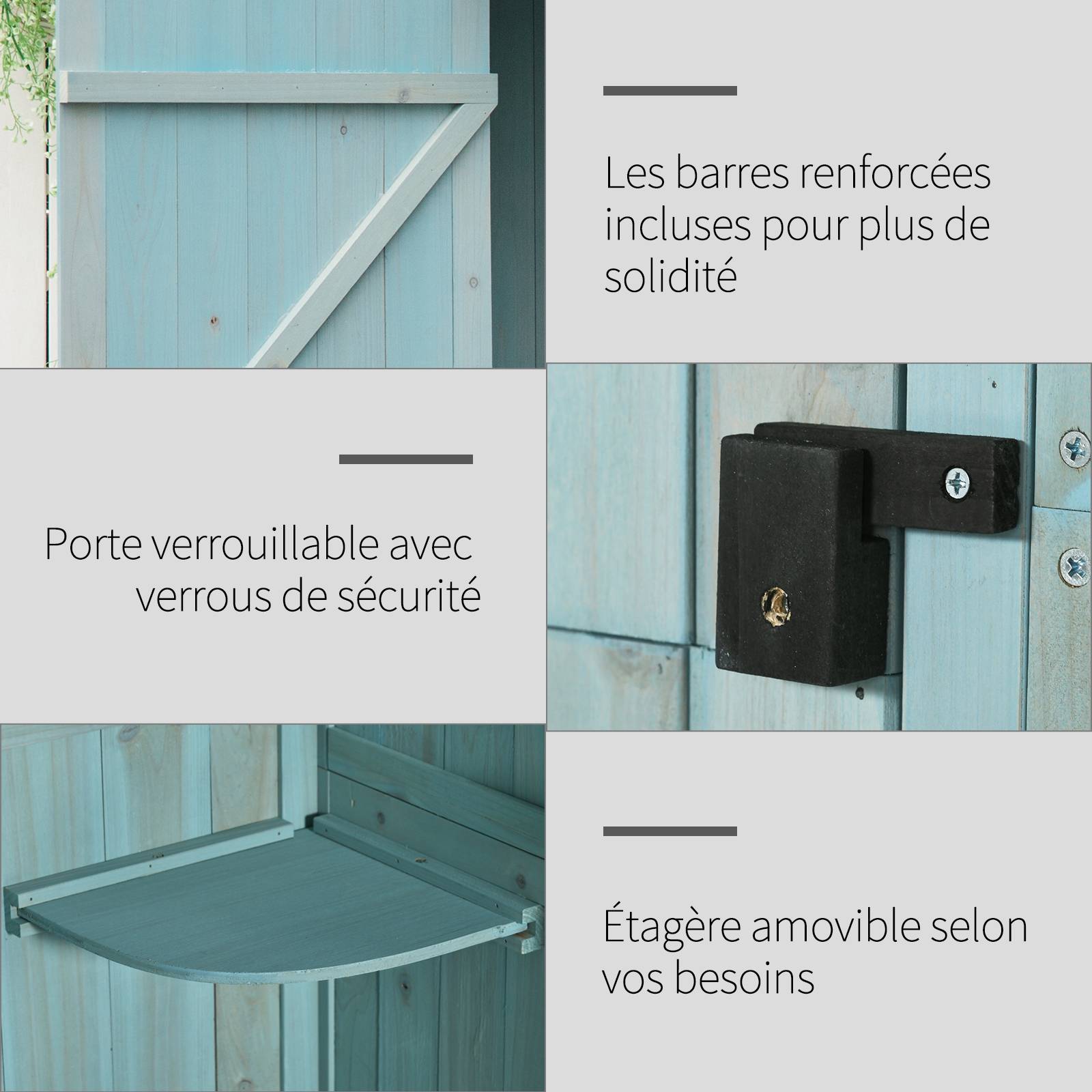 Armoire de jardin extérieur abri de jardin en bois abri pour outils 3 étagères 2 Portes loquets Toit Pente bitumé 77L x 54l x 179H cm Sapin traité - Image 8
