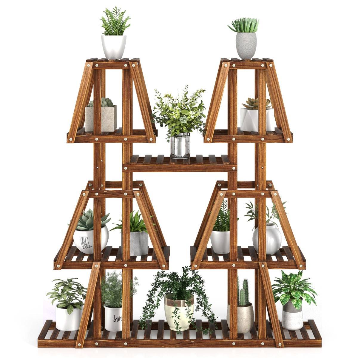 Helloshop26 - Étagère à plantes fleurs en bois de pin carbonisé porte-plante 5 niveaux conception à lattes intérieur extérieur - Image 1
