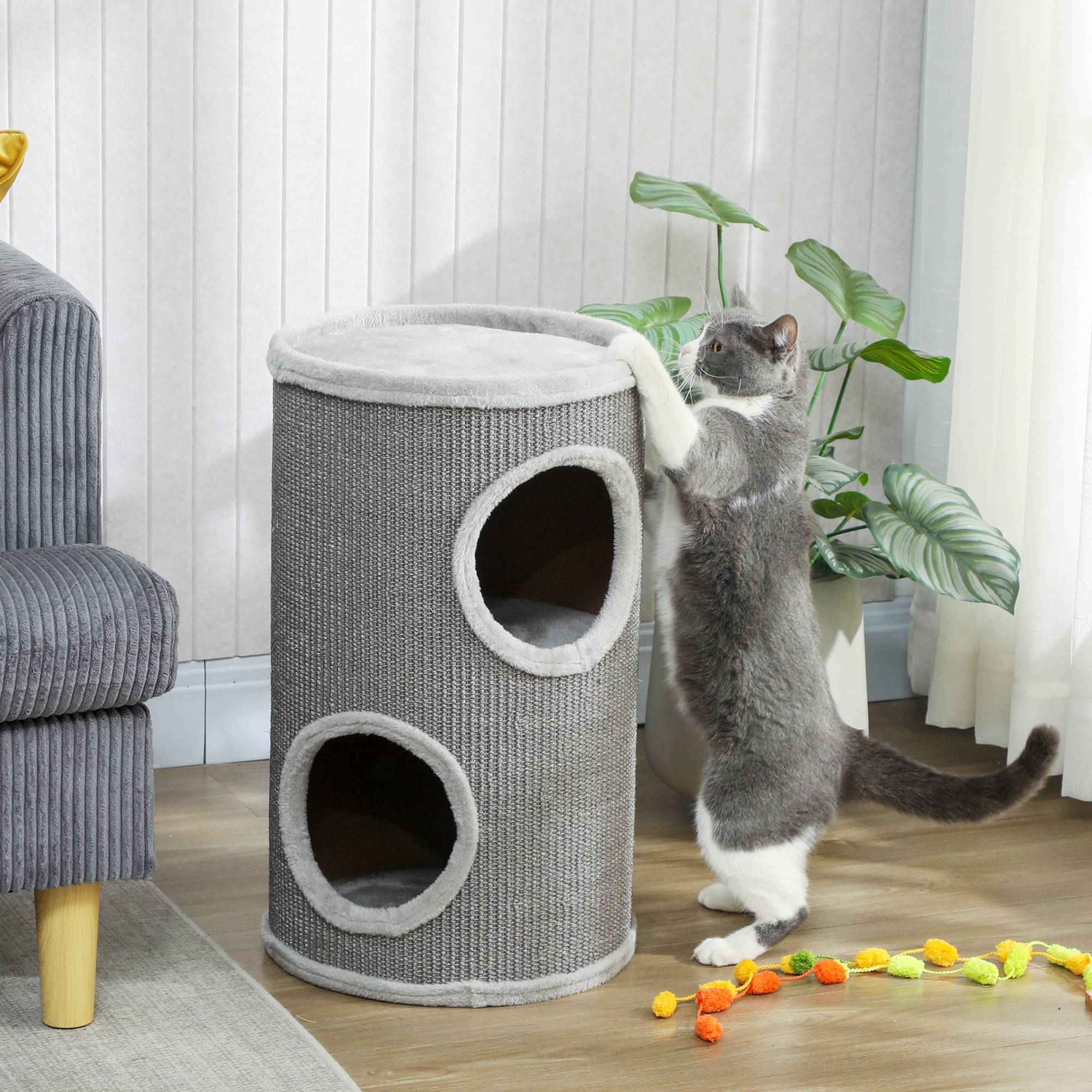 Sans Marque - Kratztonne, 60 cm Hoch Ø 35 cm zweistöckige Katzentonne mit 2 Höhle, Plüschrand, für 1-2 Katzen bis 5 kg, Hellgrau - Image 4