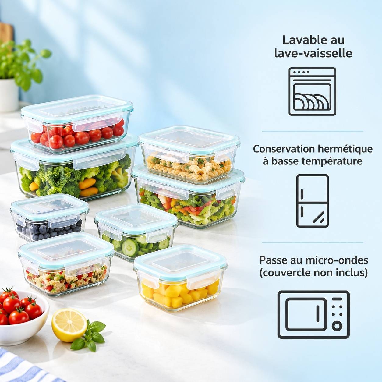 Lot de 8 Contenants en Verre avec Couvercles pour Micro-ondes et Congélateur - Image 7