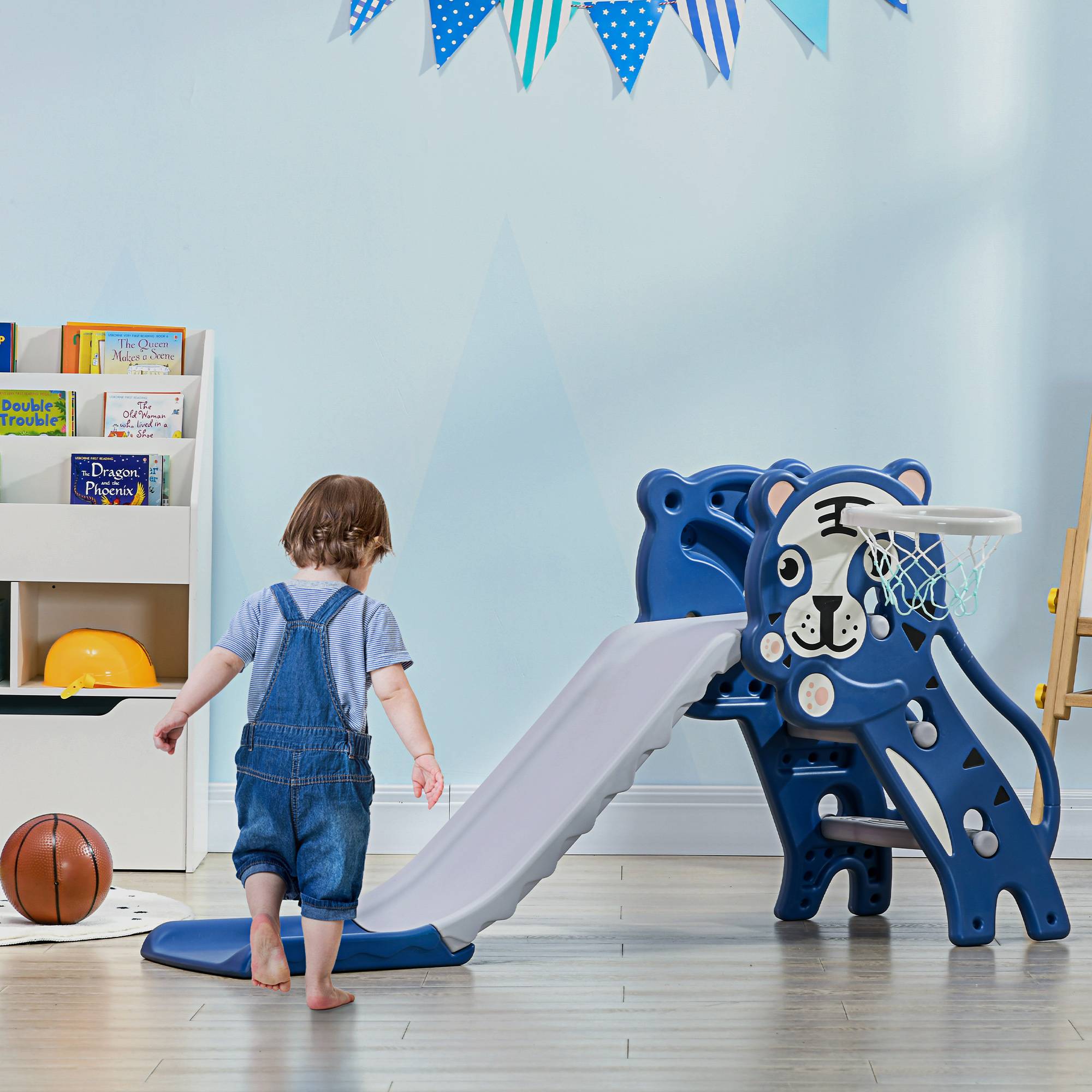 Toboggan pour enfants, toboggan intérieur pour enfants, avec panier de basket, thème tigre, de 18 à 36 mois, bleu - Image 3