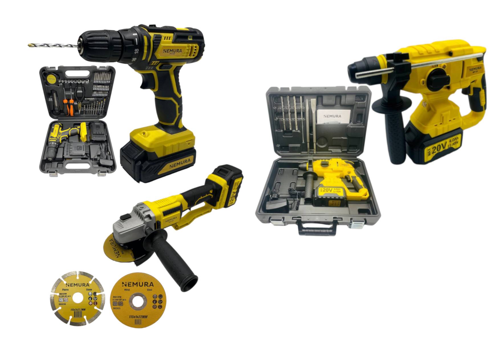 Nemura - Pack 3 outils 20V - Perceuse, Perforateur, Meuleuse + 3 batteries + 2 mallettes de rangement + 2 Chargeurs - Image 1