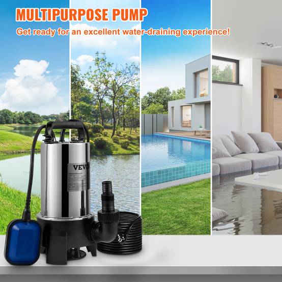 VEVOR Pompe relevage eaux chargées 1100W, 333L/min, vide cave/piscine/fosse. - Image 2
