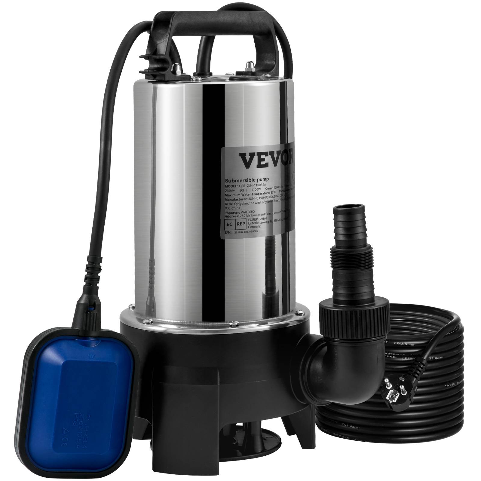 VEVOR Pompe relevage eaux chargées 1100W, 333L/min, vide cave/piscine/fosse. - Image 1