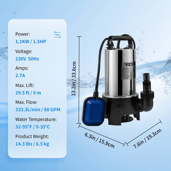 VEVOR Pompe relevage eaux chargées 1100W, 333L/min, vide cave/piscine/fosse. - Image 7