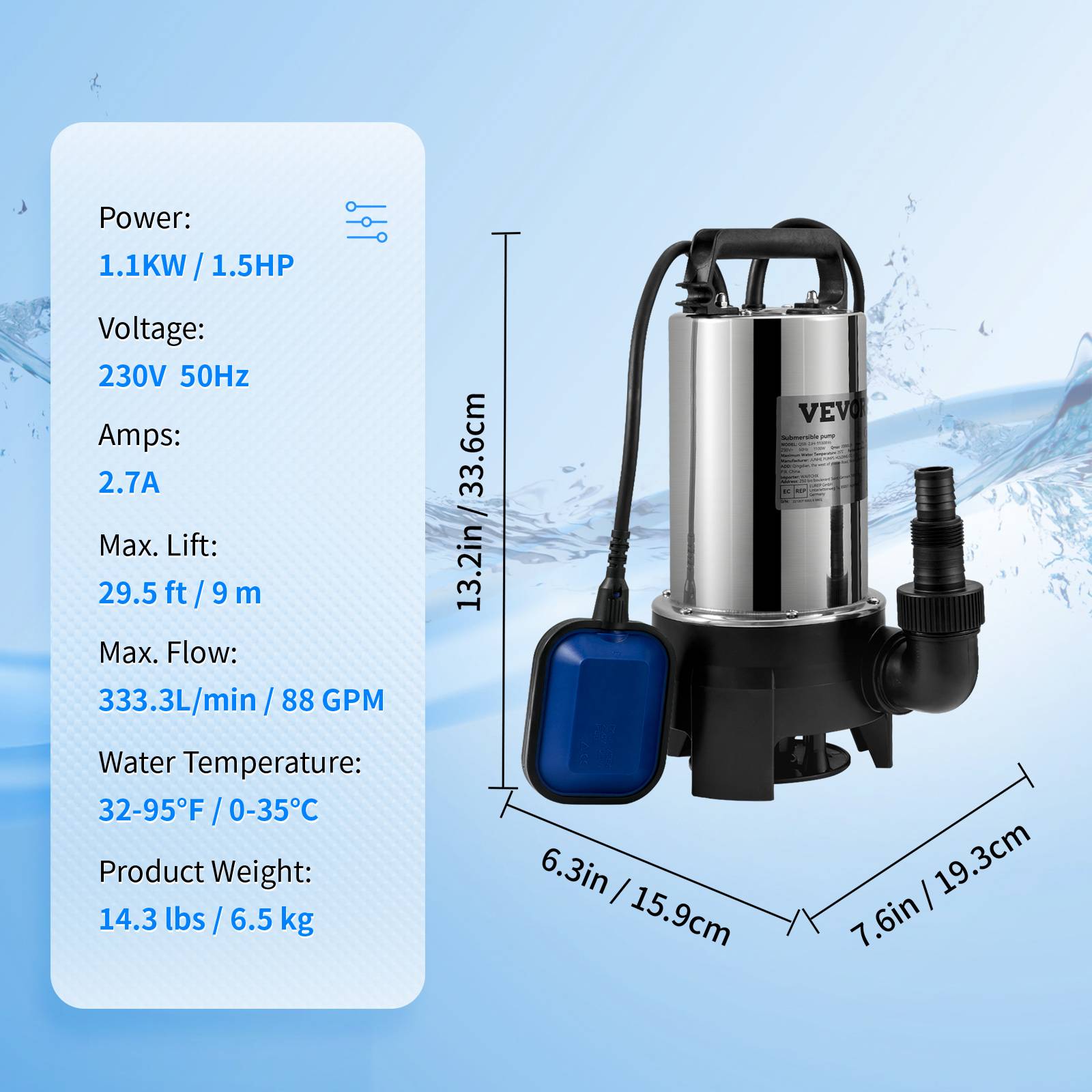 VEVOR Pompe relevage eaux chargées 1100W, 333L/min, vide cave/piscine/fosse. - Image 7