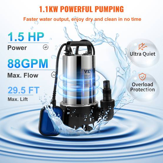 VEVOR Pompe relevage eaux chargées 1100W, 333L/min, vide cave/piscine/fosse. - Image 3
