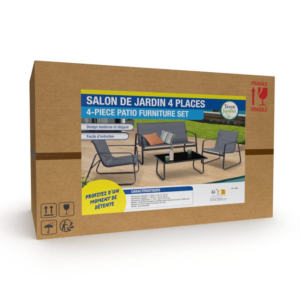 Terre Jardin - Salon de jardin 4 personnes acier et textilène "Panama" - Image 4