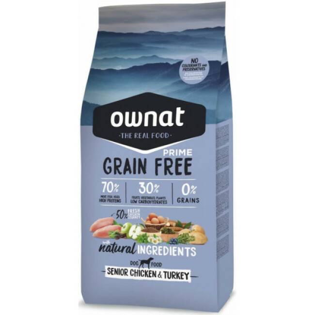 Croquettes Ownat Grain Free Prime Senior Poulet et Dinde sans céréales pour chien senior Sac 12 kg