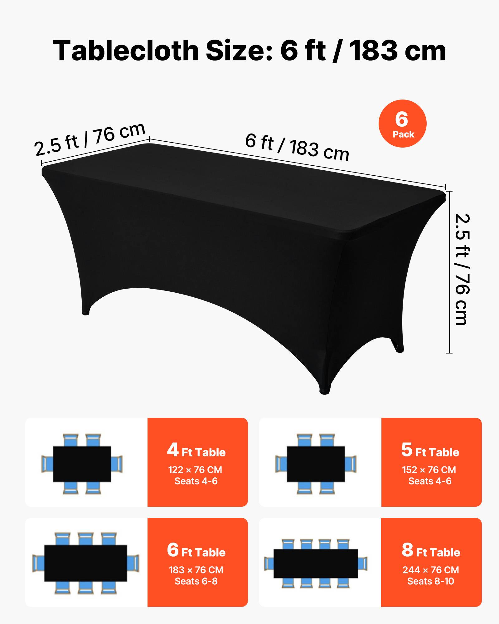 Vevor - VEVOR Nappe extensible en polyester et élasthanne 183 x 76 x 76 cm 6 pcs noir - Image 4