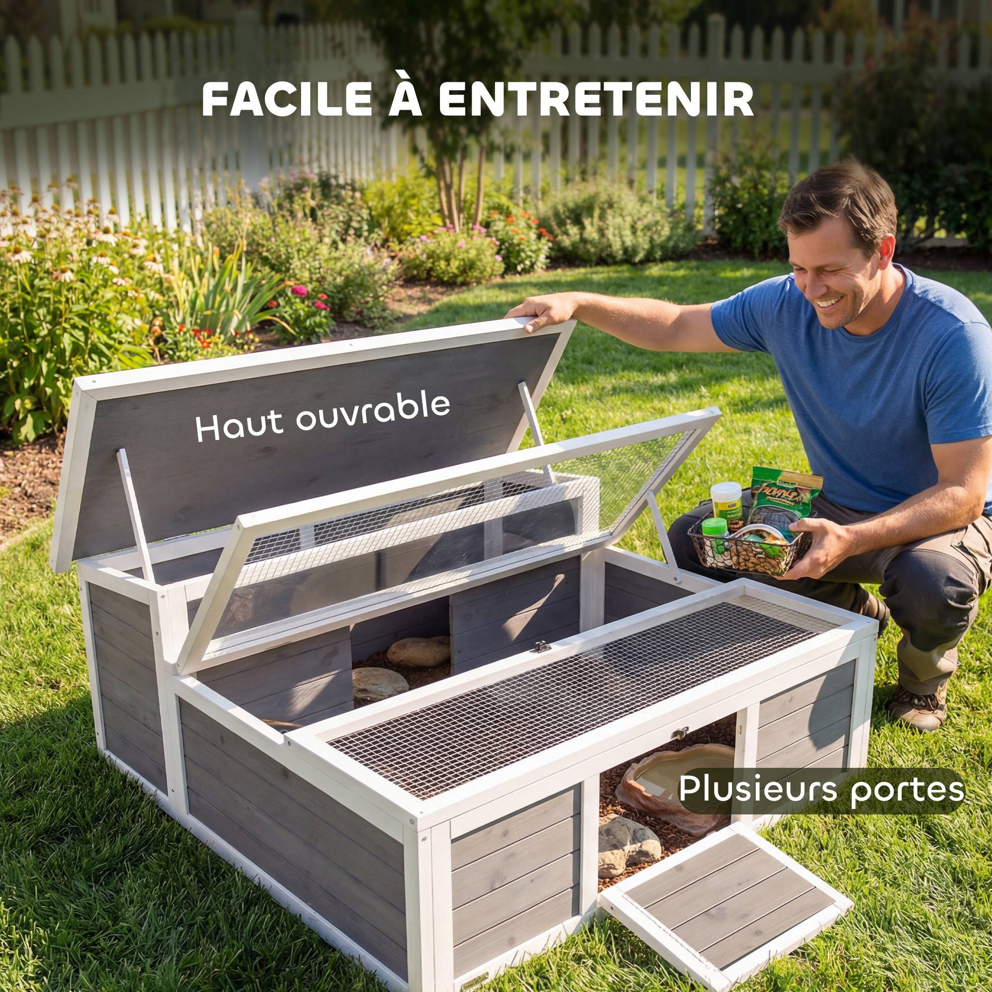 Maison Tortue Terrestre Habitat 2 Zones avec Double Toit Ouvrant Bitumé et Grillagé Fenêtre 113x106,5x44,5cm Gris Foncé - Image 9