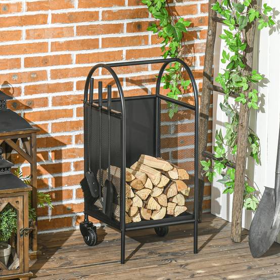 Range-bûches porte bûches sur roulettes avec accessoires pelle balai et tisonnier 37,5 x 37,5 x 80 cm noir - Image 3