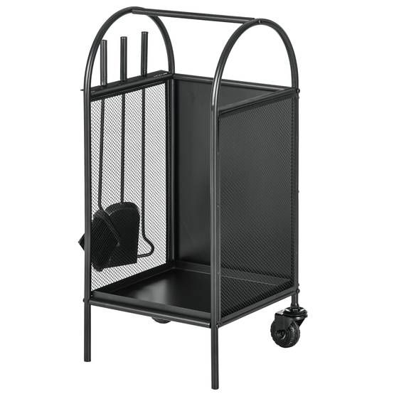 Range-bûches porte bûches sur roulettes avec accessoires pelle balai et tisonnier 37,5 x 37,5 x 80 cm noir - Image 2
