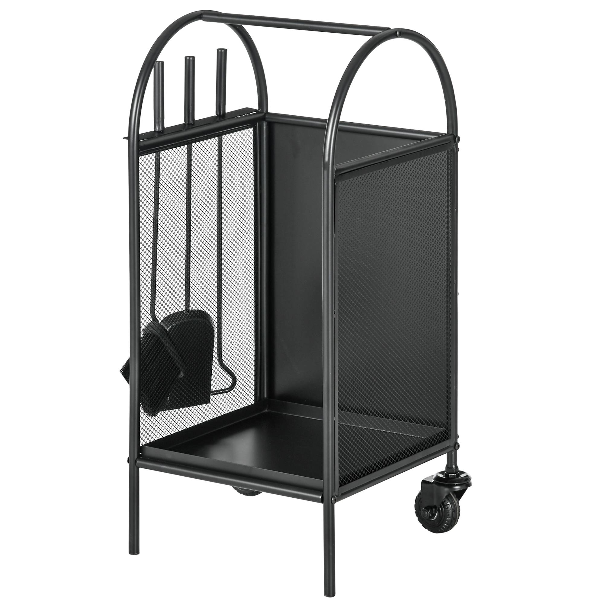 Range-bûches porte bûches sur roulettes avec accessoires pelle balai et tisonnier 37,5 x 37,5 x 80 cm noir - Image 2