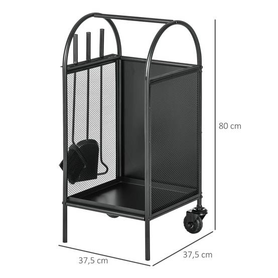 Range-bûches porte bûches sur roulettes avec accessoires pelle balai et tisonnier 37,5 x 37,5 x 80 cm noir - Image 5