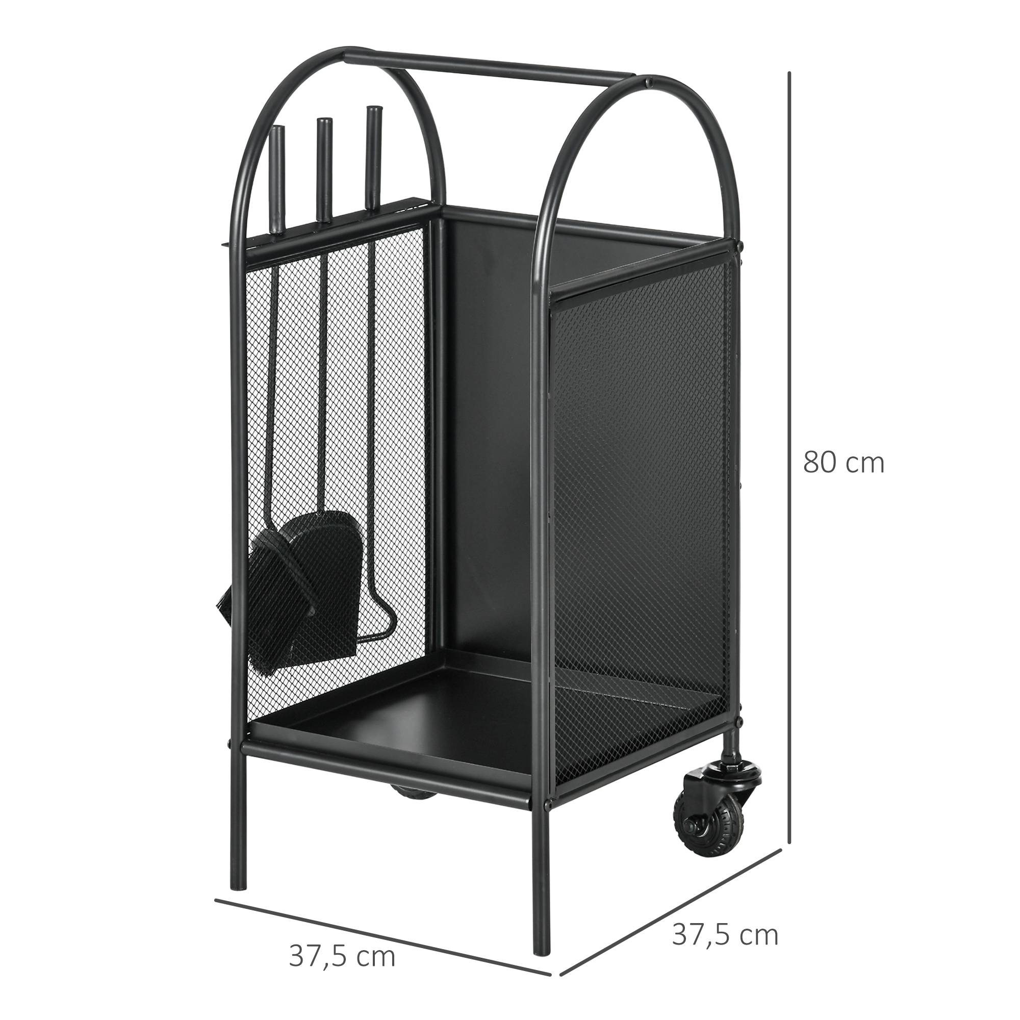 Range-bûches porte bûches sur roulettes avec accessoires pelle balai et tisonnier 37,5 x 37,5 x 80 cm noir - Image 5