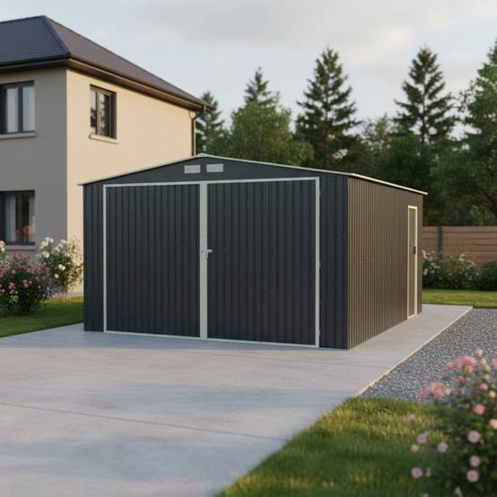 X-Metal - Garage en métal anthracite 19,61 m² double porte avec kit d'ancrage X-Metal - Image 1