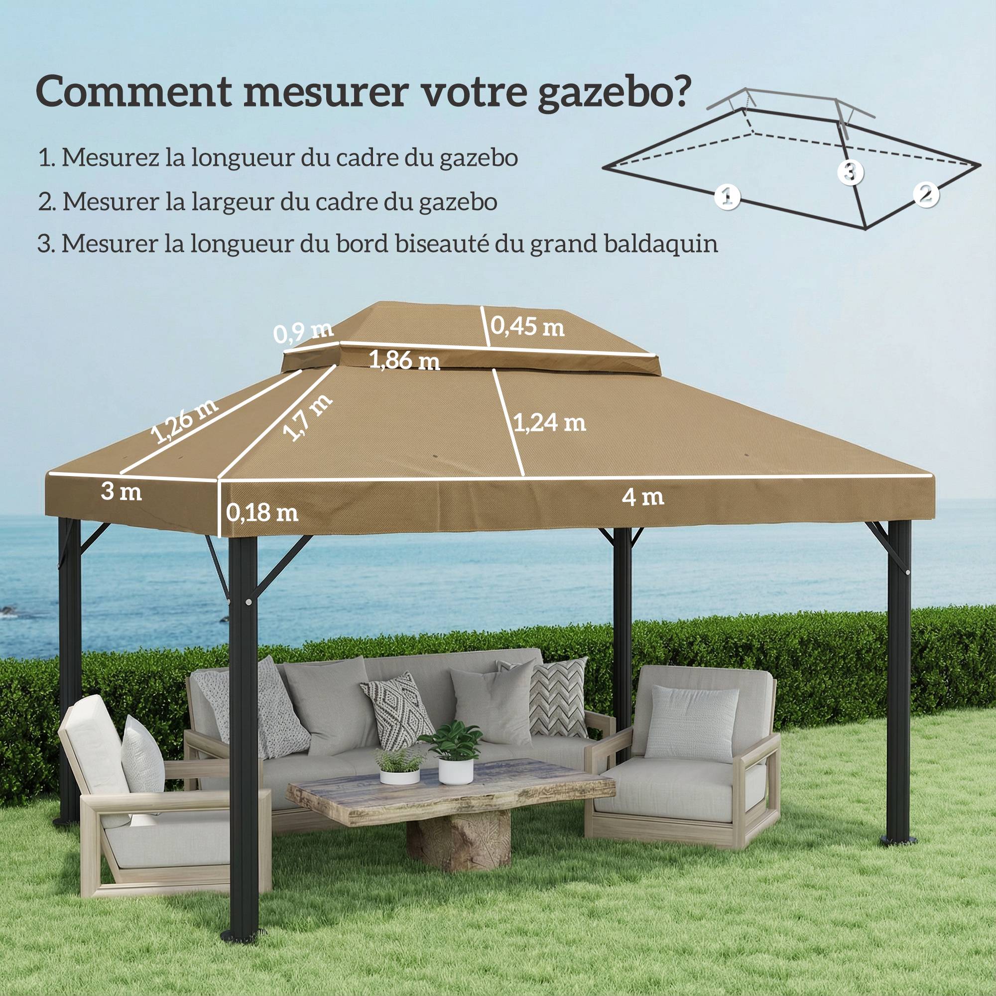 Toile de rechange pour pavillon toile de tonnelle 4 x 3 m, double toit avec trous de drainage, polyester 370 g/m², beige - Image 5